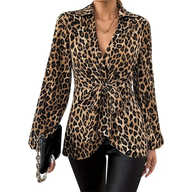 Blusas De Mujer Con Estampado De Leopardo En Tela De Elastano, Manga Larga Y Encuadernación En Contraste