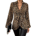 Blusas De Mujer Con Estampado De Leopardo En Tela De Elastano, Manga Larga Y Encuadernación En Contraste