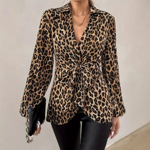 Blusas De Mujer Con Estampado De Leopardo En Tela De Elastano, Manga Larga Y Encuadernación En Contraste