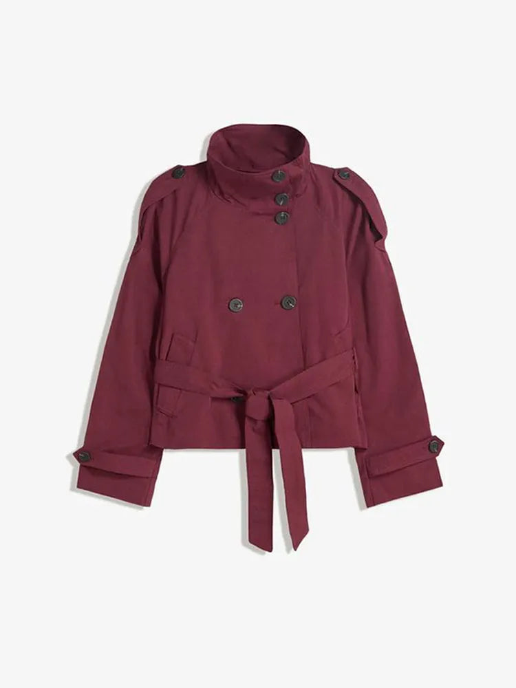 Gabardina De Mujer Estilo Elegante Para Oficina En Poliéster Con Bolsillo, Disponible En Color Caqui Y Cuello De Pie