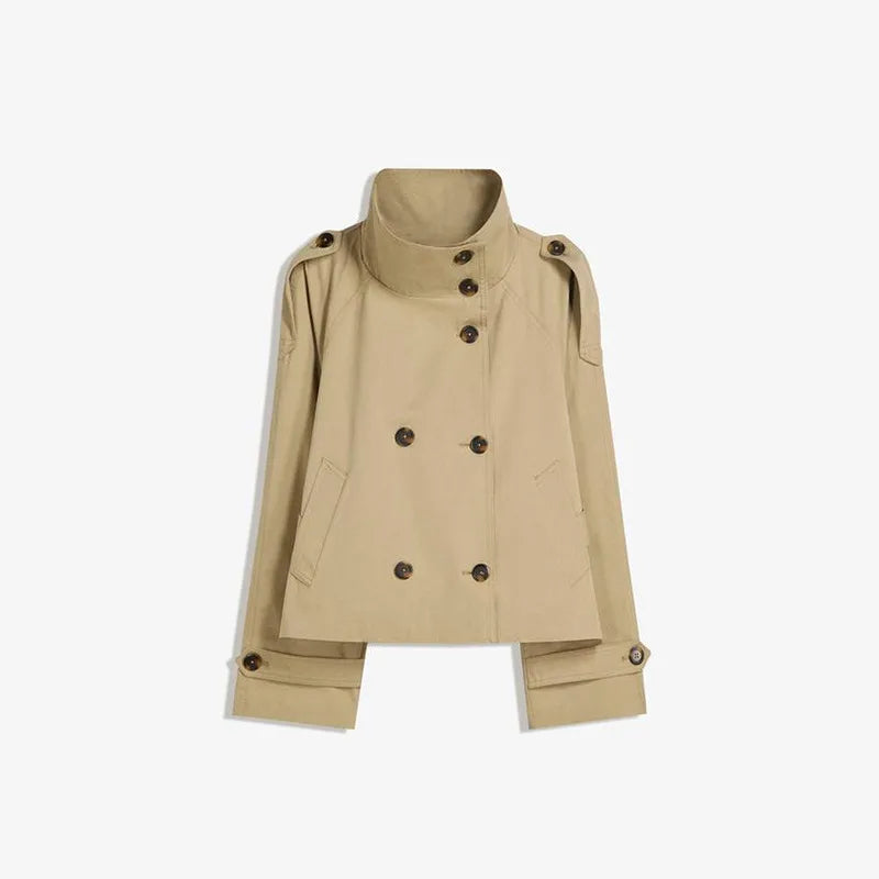 Gabardina De Mujer Estilo Elegante Para Oficina En Poliéster Con Bolsillo, Disponible En Color Caqui Y Cuello De Pie