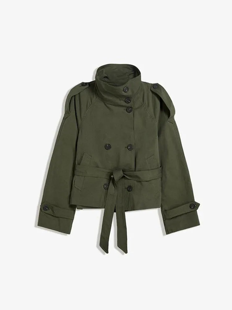 Gabardina De Mujer Estilo Elegante Para Oficina En Poliéster Con Bolsillo, Disponible En Color Caqui Y Cuello De Pie